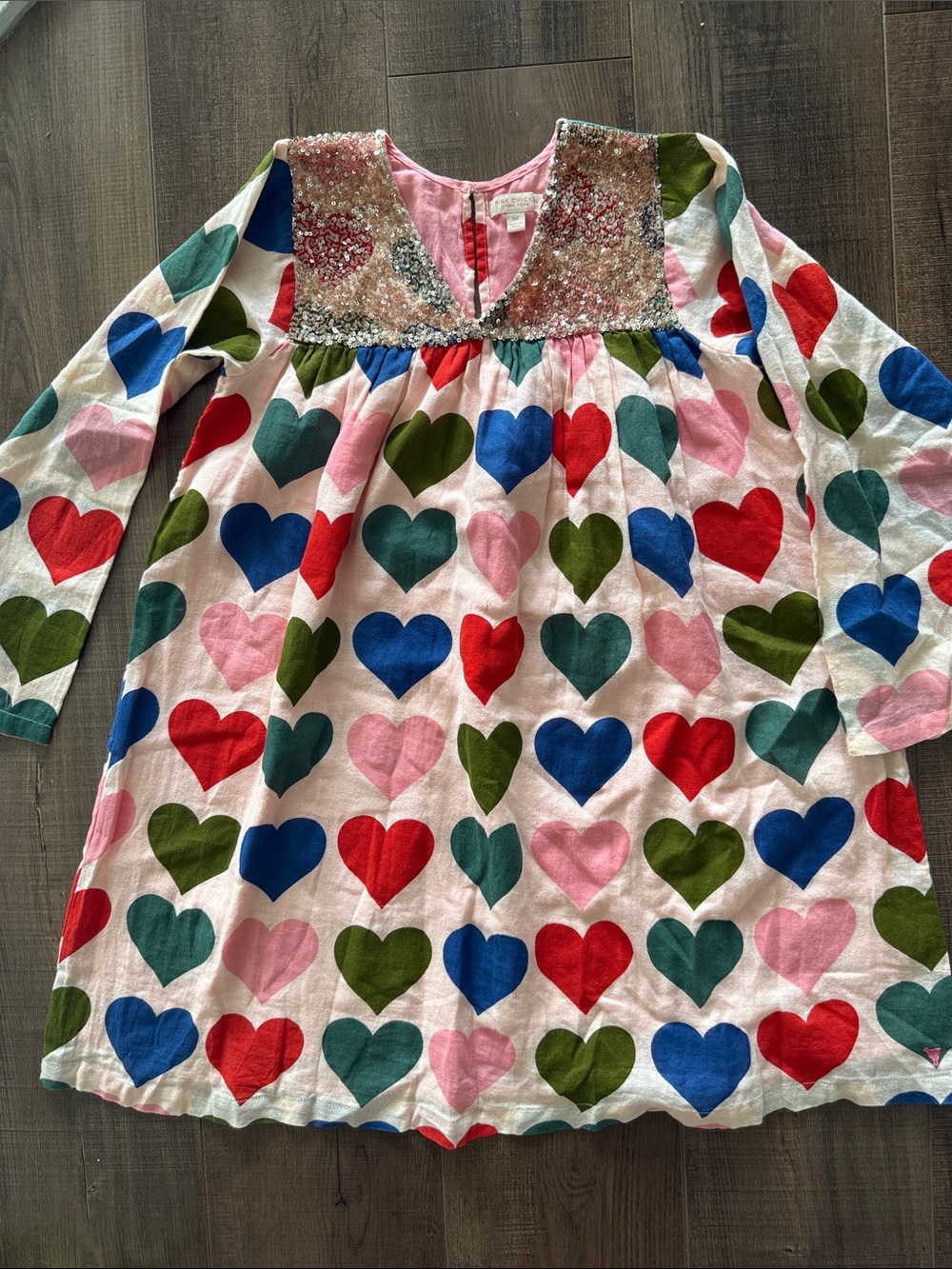 Pink Chicken Heart Print Sequin Yoke Casual Dress - Pink, Red, Blue, Green